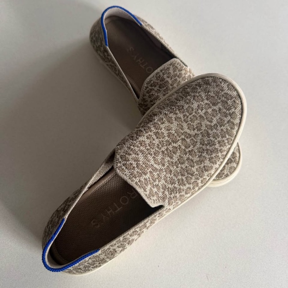 Rothy's Tan Leopard Print Slip-On Sneakers with Blue Trim